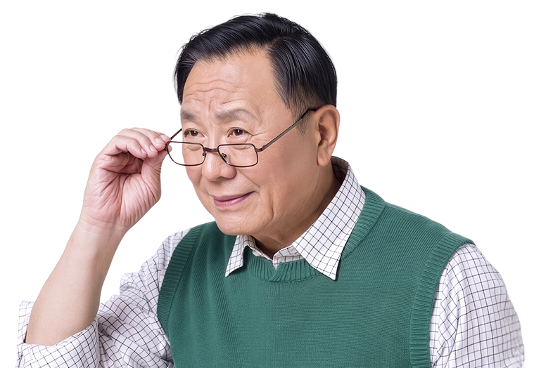 안경을 고쳐 쓰며 멀리 바라보는 중년 남성